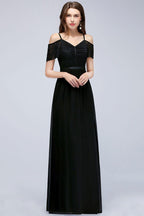 A-line Long Spaghetti V-neck Black Lace Chiffon Bridesmaid Dress
