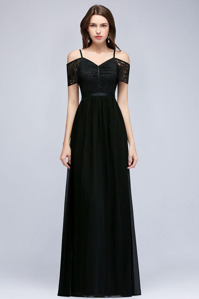 A-line Long Spaghetti V-neck Black Lace Chiffon Bridesmaid Dress
