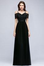 A-line Long Spaghetti V-neck Black Lace Chiffon Bridesmaid Dress
