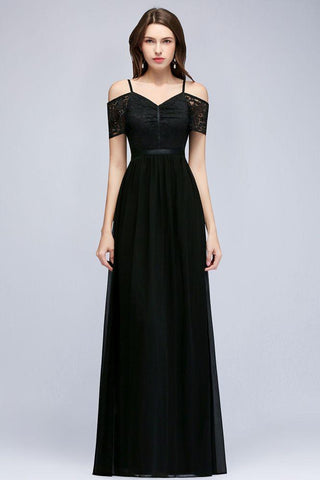 A-Linie Langes Spaghetti V-Ausschnitt Schwarzes Chiffon Brautjungfernkleid mit Spitze