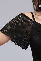 A-line Long Spaghetti V-neck Black Lace Chiffon Bridesmaid Dress