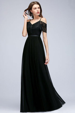 A-Linie Langes Spaghetti V-Ausschnitt Schwarzes Chiffon Brautjungfernkleid mit Spitze
