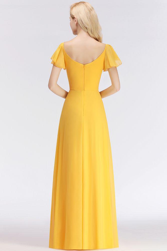 A-line Long V-neck Short Sleeves Yellow Chiffon Bridesmaid Dresses