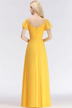 A-line Long V-neck Short Sleeves Yellow Chiffon Bridesmaid Dresses