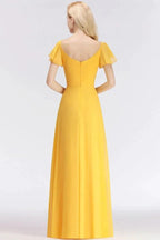A-line Long V-neck Short Sleeves Yellow Chiffon Bridesmaid Dresses by misshow.com