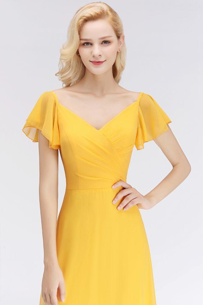 A-line Long V-neck Short Sleeves Yellow Chiffon Bridesmaid Dresses