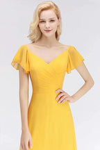 A-line Long V-neck Short Sleeves Yellow Chiffon Bridesmaid Dresses by misshow.com
