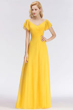 A-line Long V-neck Short Sleeves Yellow Chiffon Bridesmaid Dresses