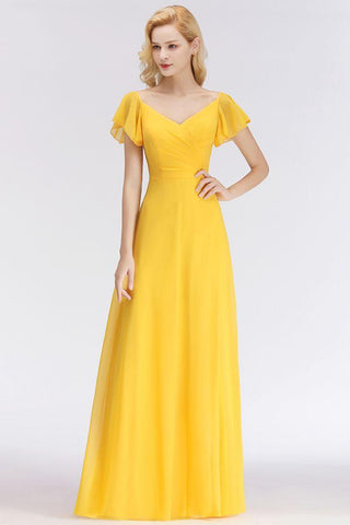 A-Linie Lang V-Ausschnitt Kurze Ärmel Gelb Chiffon Brautjungfernkleider