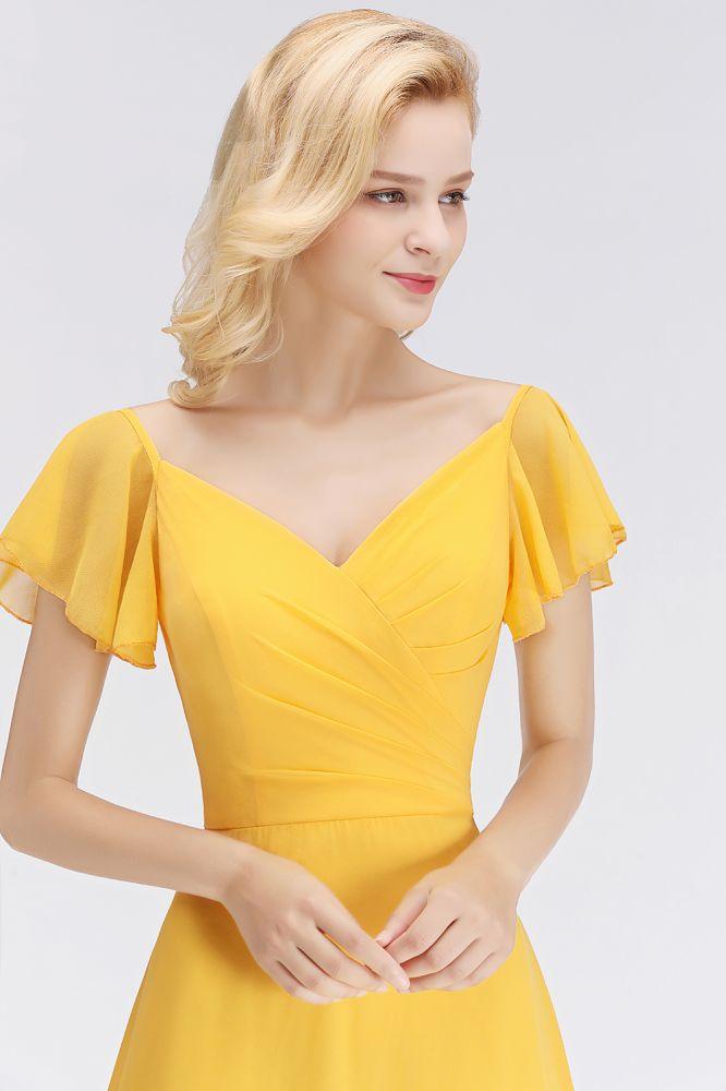 A-line Long V-neck Short Sleeves Yellow Chiffon Bridesmaid Dresses