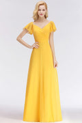 Vestidos de madrinha de casamento compridos com decote em V e manga curta em chiffon amarelo