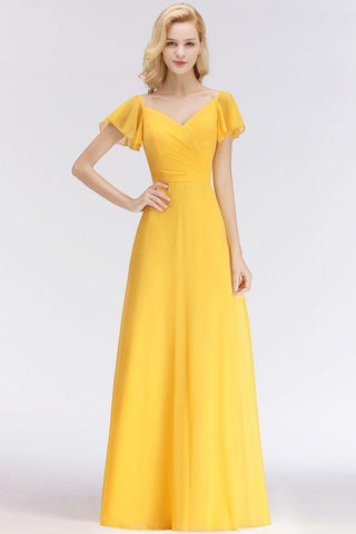 A-Linie Lang V-Ausschnitt Kurze Ärmel Gelb Chiffon Brautjungfernkleider