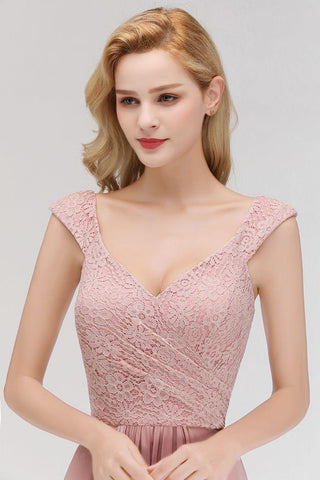A-Linie, lang, V-Ausschnitt, ärmellos, formelles Partykleid, Spitzenoberteil, Chiffon, Brautjungfernkleid