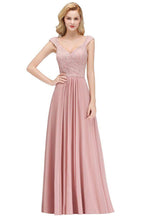 A-line Long V-neck Sleeveless Formal Party Dress Lace Top Chiffon Bridesmaid Dress