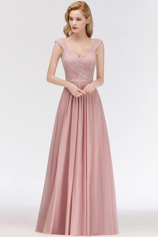 A-Linie, lang, V-Ausschnitt, ärmellos, formelles Partykleid, Spitzenoberteil, Chiffon, Brautjungfernkleid