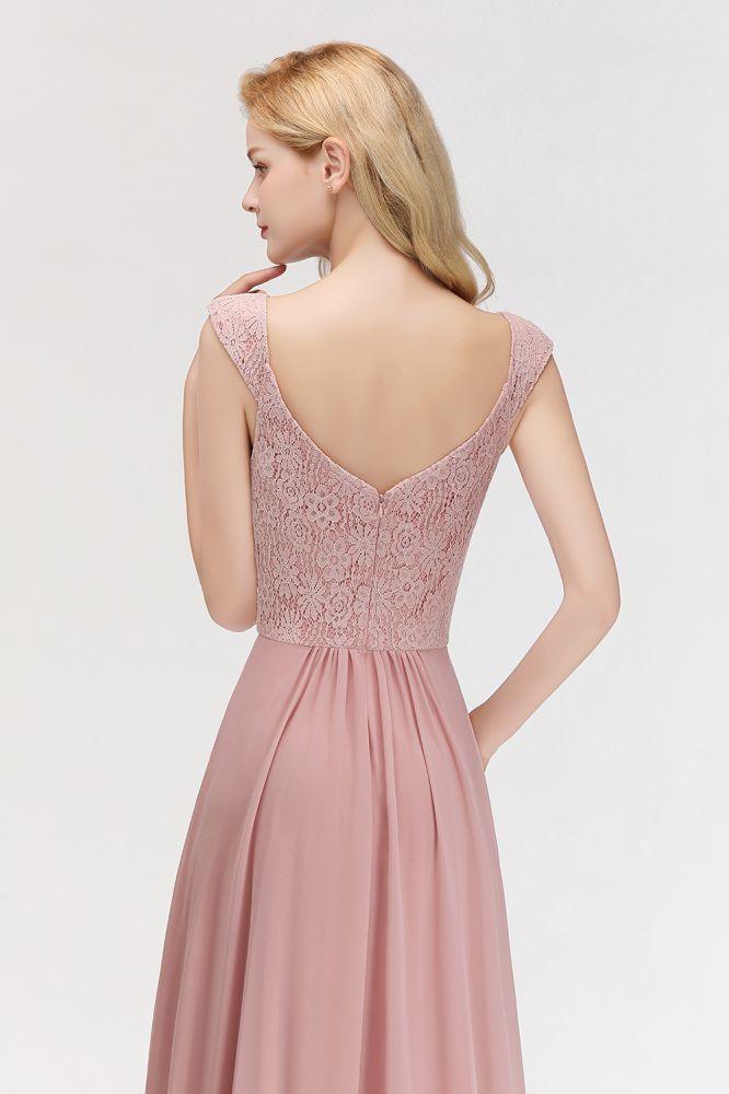 A-line Long V-neck Sleeveless Formal Party Dress Lace Top Chiffon Bridesmaid Dress