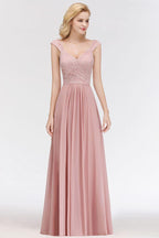 A-line Long V-neck Sleeveless Formal Party Dress Lace Top Chiffon Bridesmaid Dress