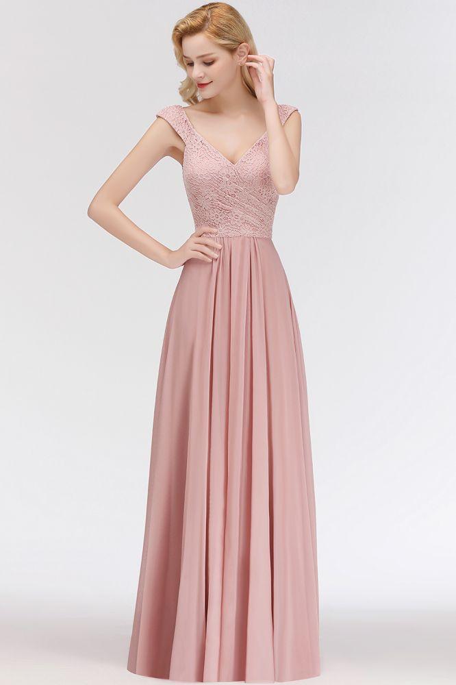 A-line Long V-neck Sleeveless Formal Party Dress Lace Top Chiffon Bridesmaid Dress