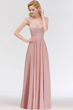 A-line Long V-neck Sleeveless Formal Party Dress Lace Top Chiffon Bridesmaid Dress