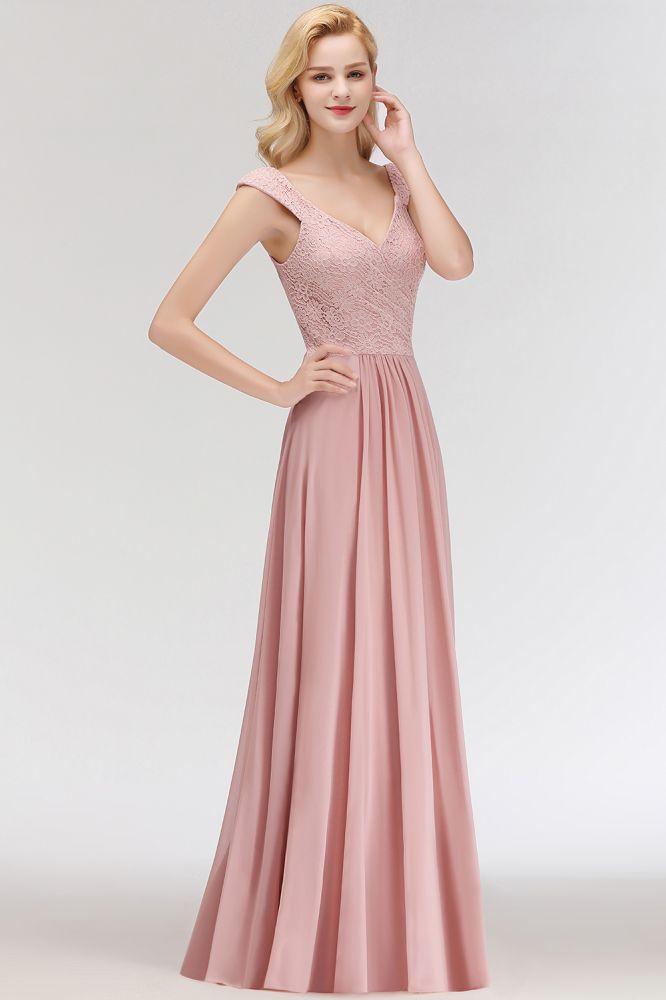 A-line Long V-neck Sleeveless Formal Party Dress Lace Top Chiffon Bridesmaid Dress