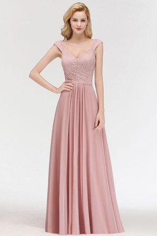 A-Linie, lang, V-Ausschnitt, ärmellos, formelles Partykleid, Spitzenoberteil, Chiffon, Brautjungfernkleid
