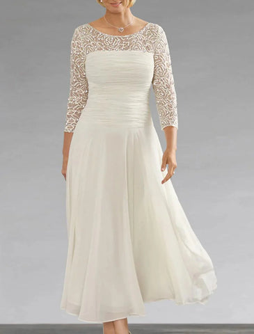 A-Linien-Kleid für die Mutter der Braut, Herbst, Hochzeitsgast, elegant, Rundhalsausschnitt, knöchellang, Chiffon, Spitze, 3/4-Ärmel mit Pailletten