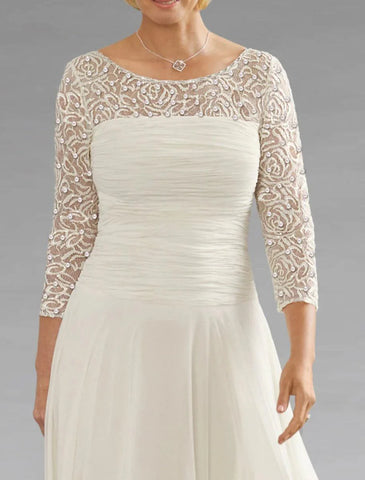 A-Linien-Kleid für die Mutter der Braut, Herbst, Hochzeitsgast, elegant, Rundhalsausschnitt, knöchellang, Chiffon, Spitze, 3/4-Ärmel mit Pailletten