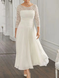 Vestido de Novia para la Madre de la Novia en Línea A, Invitado a Boda de Otoño, Elegante, Cuello de Joya, Largo al Tobillo, Chiffon con Encaje, Manga de Tres Cuartos con Lentejuelas