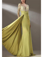 Vestido de mãe da noiva em corte A, para convidada de casamento formal, elegante, decote em joia, comprimento até ao chão, chiffon, renda, manga comprida com drapeado de renda