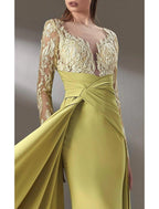 Vestido de mãe da noiva em corte A, para convidada de casamento formal, elegante, decote em joia, comprimento até ao chão, chiffon, renda, manga comprida com drapeado de renda