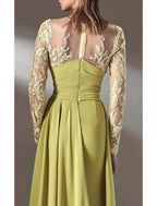 Vestido de mãe da noiva em corte A, para convidada de casamento formal, elegante, decote em joia, comprimento até ao chão, chiffon, renda, manga comprida com drapeado de renda