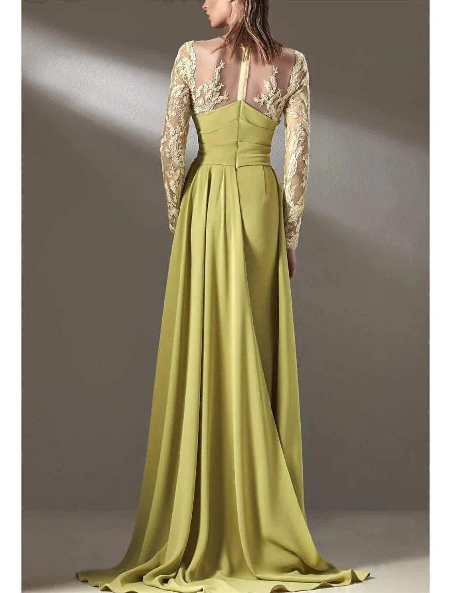 Vestido de mãe da noiva em corte A, para convidada de casamento formal, elegante, decote em joia, comprimento até ao chão, chiffon, renda, manga comprida com drapeado de renda