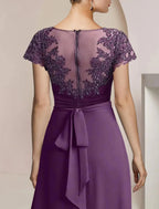 Vestido de mãe da noiva em corte A, formal, para festa de casamento, elegante, decote redondo, assimétrico, comprimento chá, chiffon, renda, manga curta com aplicações de lantejoulas e missangas