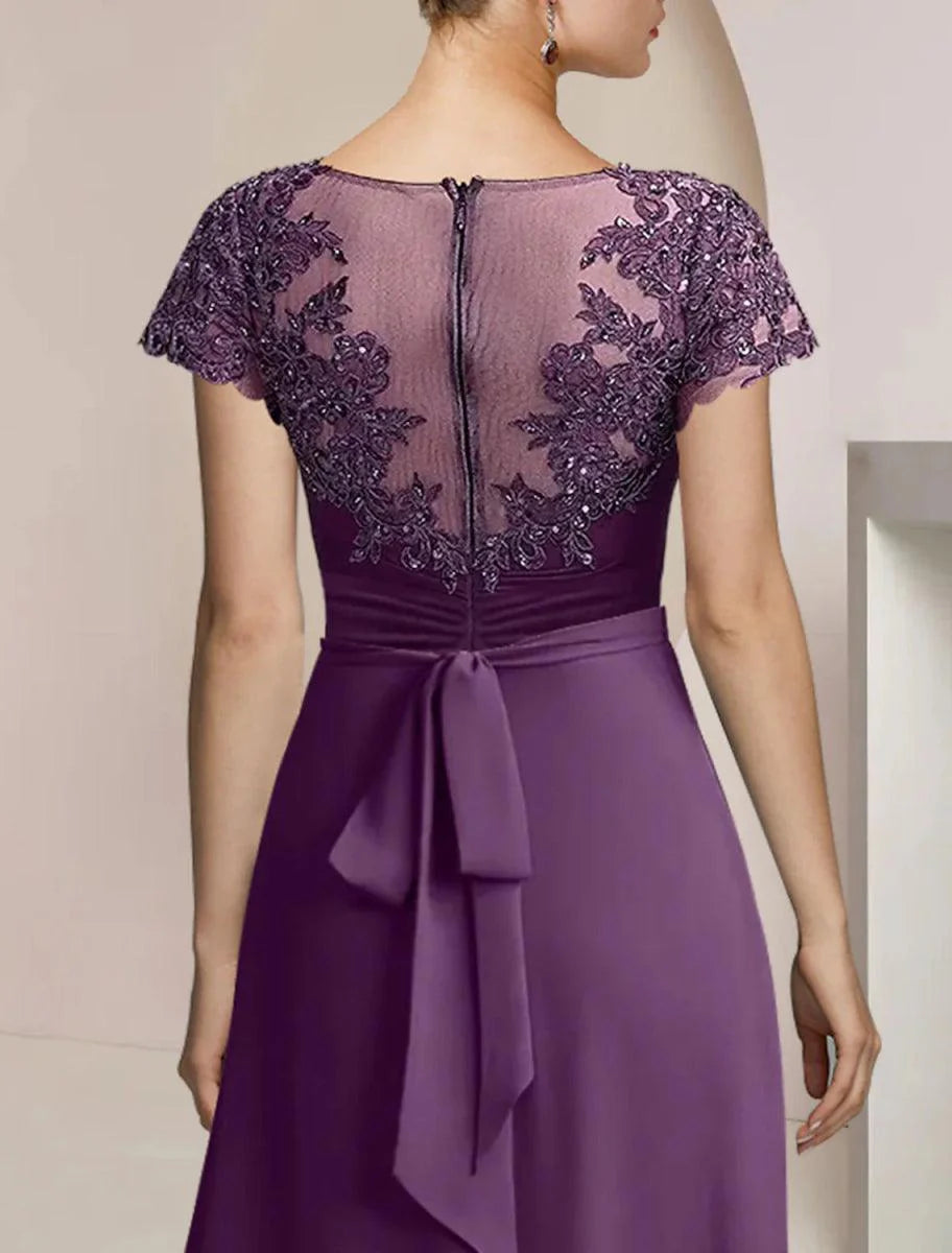 Vestido de mãe da noiva em corte A, formal, para festa de casamento, elegante, decote redondo, assimétrico, comprimento chá, chiffon, renda, manga curta com aplicações de lantejoulas e missangas