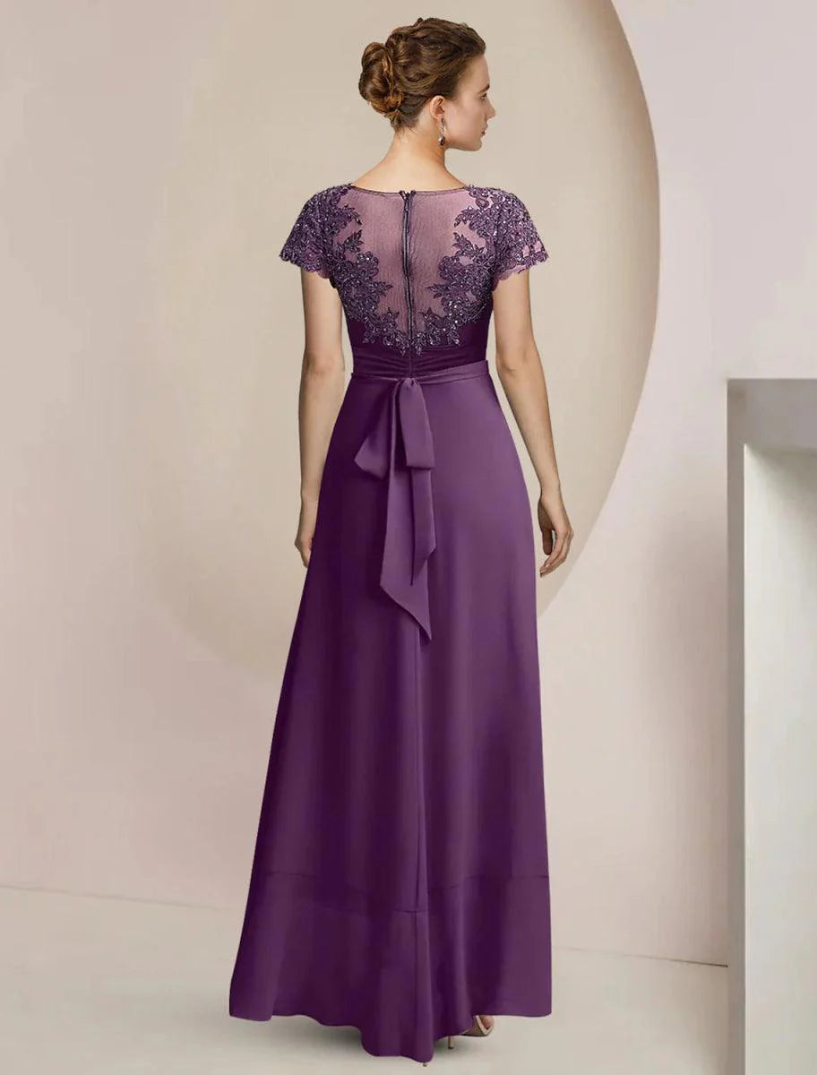 Vestido de mãe da noiva em corte A, formal, para festa de casamento, elegante, decote redondo, assimétrico, comprimento chá, chiffon, renda, manga curta com aplicações de lantejoulas e missangas