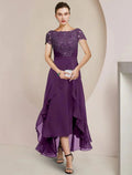 Abito da Madre della Sposa a Linea A Formale per Invitata al Matrimonio e Feste Elegante con Scollo Tondo Asimmetrico Lunghezza Tea in Chiffon e Pizzo Manica Corta con Perline e Applicazioni di Paillettes