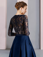 Vestido mãe da noiva corte A, formal, para festa de casamento, elegante, decote em V, comprimento chá, cetim, renda, meia manga com laço(s), franzido