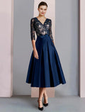 Abito da Madre della Sposa a Linea A Formale per Invitata al Matrimonio e Feste Elegante con Scollo a V Lunghezza Tea in Raso e Pizzo Mezza Manica con Fiocco/i e Drappeggio