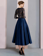 Vestido mãe da noiva corte A, formal, para festa de casamento, elegante, decote em V, comprimento chá, cetim, renda, meia manga com laço(s), franzido