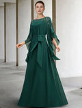 Vestido de mãe da noiva em corte A, luxuoso e elegante, com decote em joia, comprimento até ao chão, chiffon, manga curta, com faixa/fita e missangas