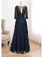 A-Line Mother of the Bride Dress Luxurious Elegant Jewel Neck Floor Length Lace Tulle Imitated Silk 3/4 Length Sleeve with Sequin Appliques