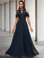 Vestido de mãe da noiva em corte A, tamanho grande, elegante, de alças finas, comprimento até ao chão, renda, tule, lantejoulas, sem mangas, com aplicações de lantejoulas