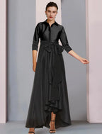 A-Line Mother of the Bride Dress Plus Size Elegant High Low Shirt Collar Asymmetrical Floor Length Satin 3/4 Length Sleeve with Sash | Nightbubo