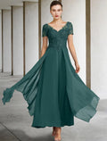 Vestido de mãe da noiva em corte A, tamanho grande, elegante, decote em V, comprimento até ao tornozelo, chiffon, renda, manga curta com aplicações