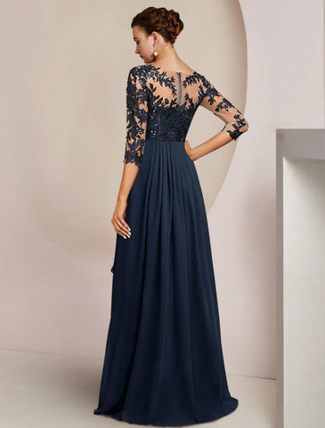 A-Line Mother of the Bride Dress Wedding Guest Elegant High Low V Neck Ankle Length Chiffon Lace 3/4 Length Sleeve with Sequin Appliques