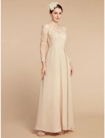 A-Line Mother of the Bride Dress Wedding Guest Elegant Jewel Neck Ankle Length Chiffon Lace Long Sleeve with Ruching Solid Color