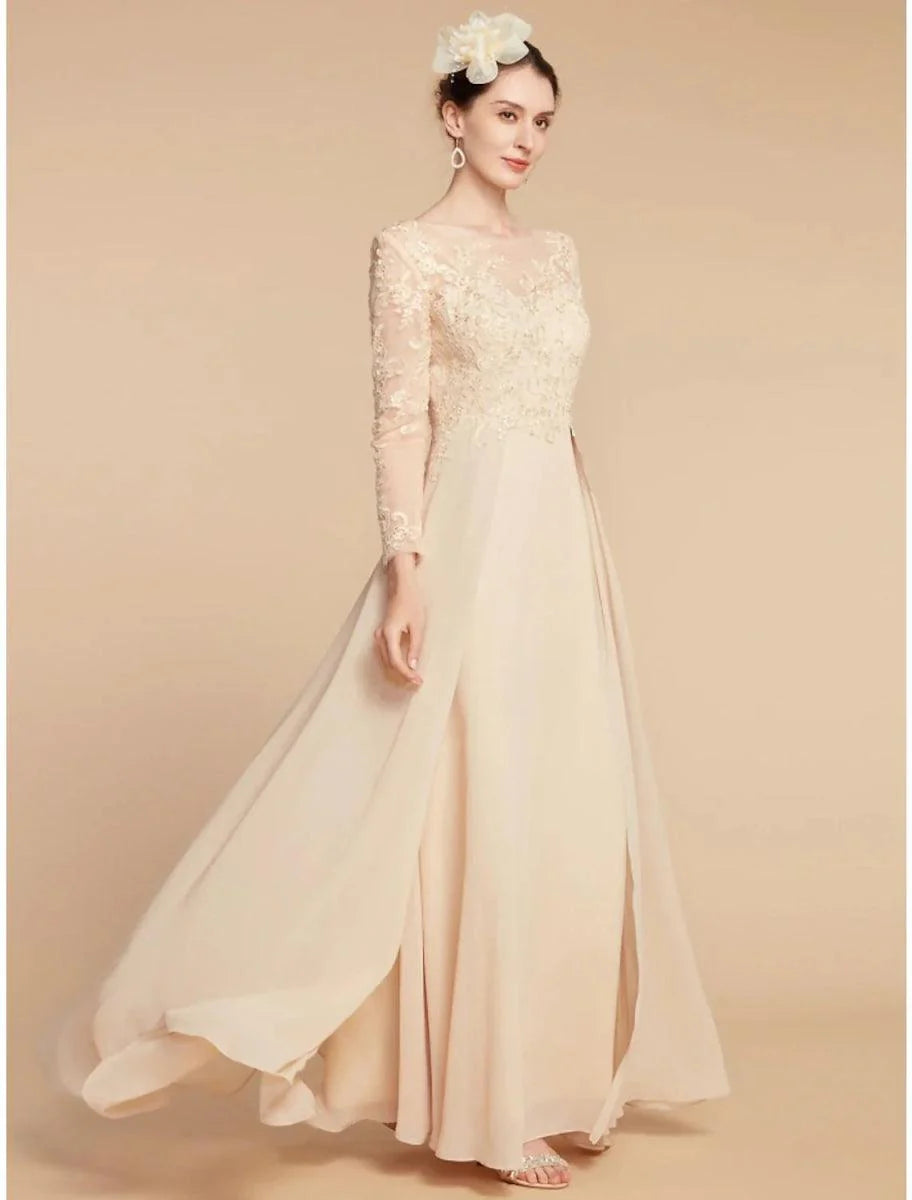 A-Line Mother of the Bride Dress Wedding Guest Elegant Jewel Neck Ankle Length Chiffon Lace Long Sleeve with Ruching Solid Color