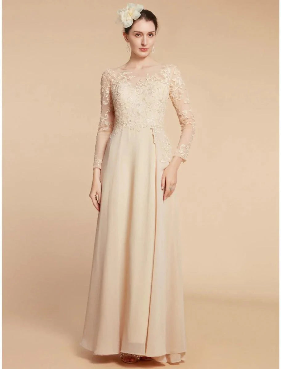 A-Line Mother of the Bride Dress Wedding Guest Elegant Jewel Neck Ankle Length Chiffon Lace Long Sleeve with Ruching Solid Color
