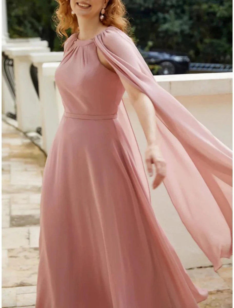 A-Line Mother of the Bride Dress Wedding Guest Elegant Jewel Neck Ankle Length Chiffon Sleeveless with Ruching Solid Color