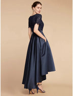 A-Line Mother of the Bride Dress Wedding Guest Elegant Jewel Neck Asymmetrical Satin Lace Short Sleeve with Ruching Solid Color